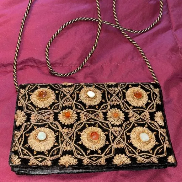 Black Velvet Purse with gold appliqué and stones - Image 1