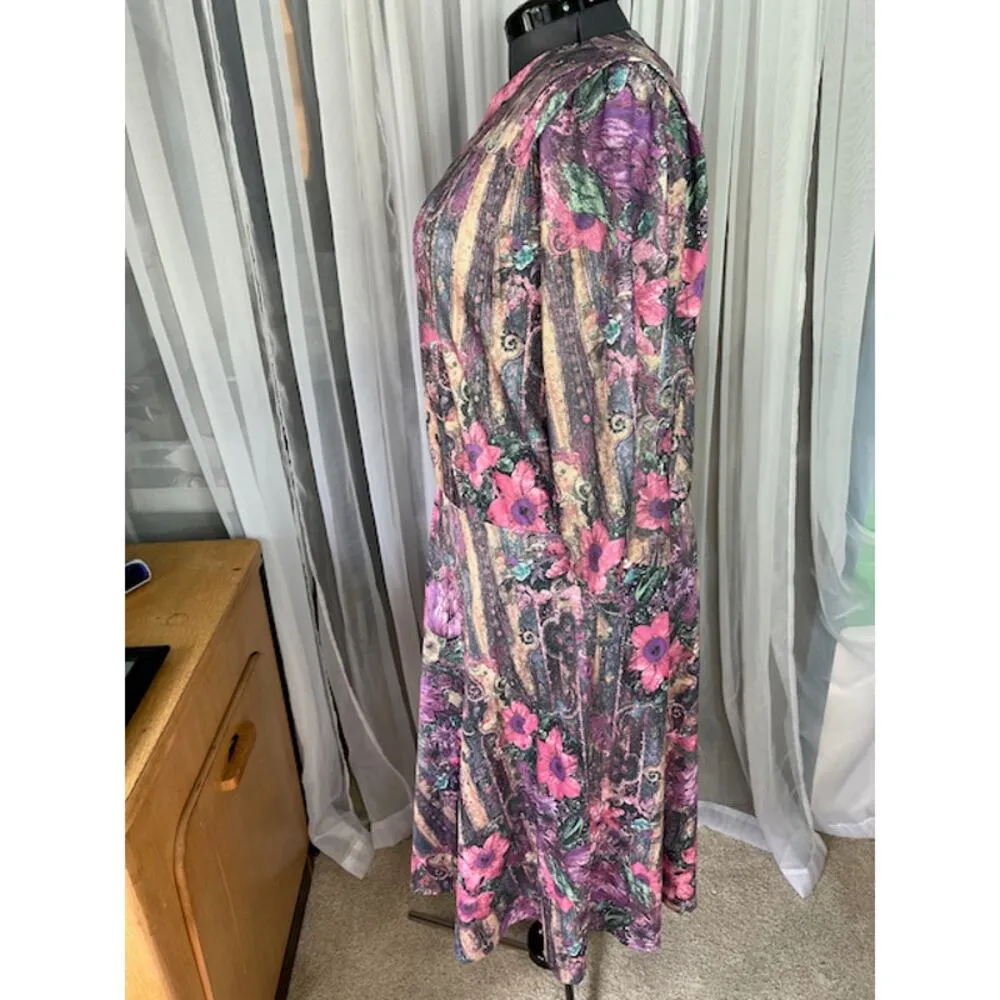 dress floral swing skirt pink purple 1980s shoulder pads Size 3X - Image 6