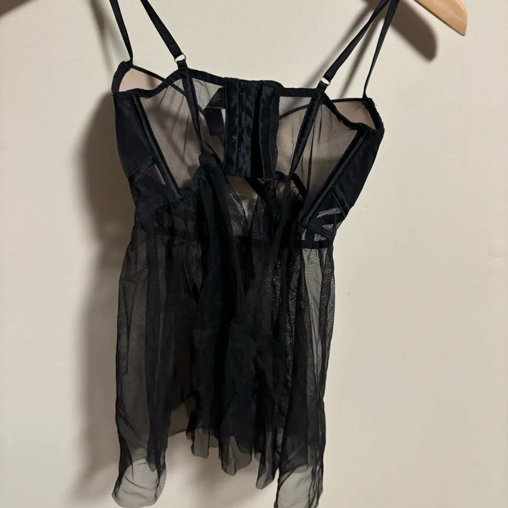 Victoria’s Secret Black Lace Push Up Babydoll Top Mesh Split Slip Teddy Size 32D - Image 3