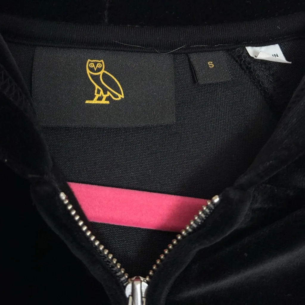 OVO Women’s Velour Crystal Owl Zip Up Hoodie October's Very Own Drake size small Black - Image 9