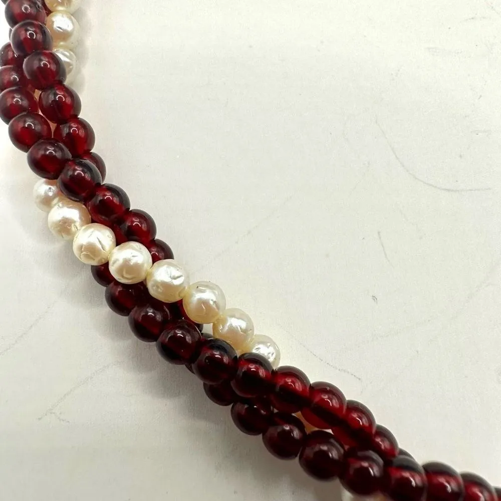 Vintage twisted faux garnet and pearl beaded choker torsade necklace Red - Image 5