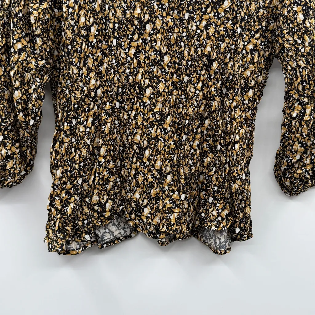 Evereve Roan‎ + Ryan Black, Mustard & Cream Floral 3/4 Sleeve Ruffle V Neck Top Black Size XS - Image 3