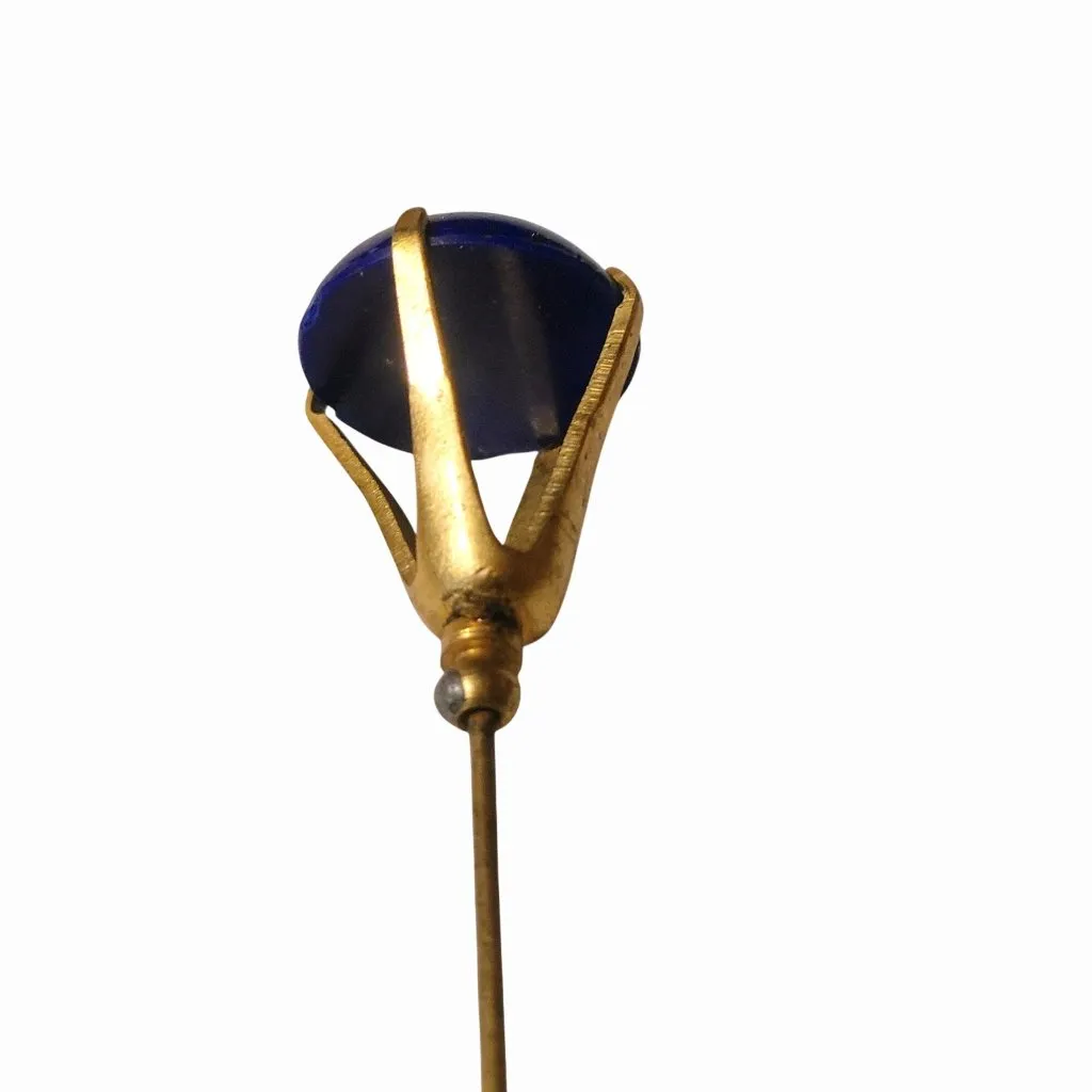 Long Hat Dress Pin Vintage Brass Blue Lapis Glass Bead Gold Tone Straight Dome - Image 11
