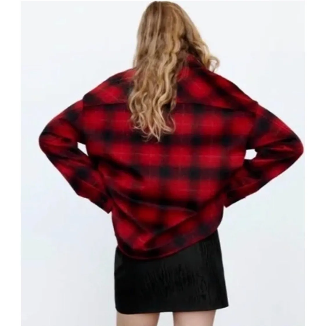 ZARA Red Black Plaid Wool‎ Blend Oversized Shacket Jacket Shirt Women's M - Image 3