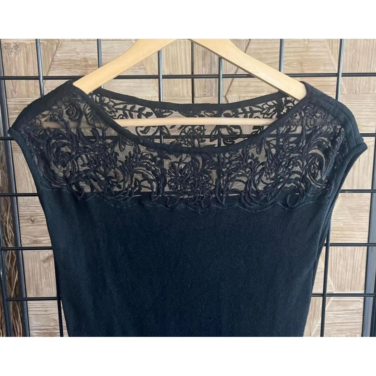 WHBM Womens Top Size Small Black Lace Neckline Cap Sleeve Cute Goth - Image 2