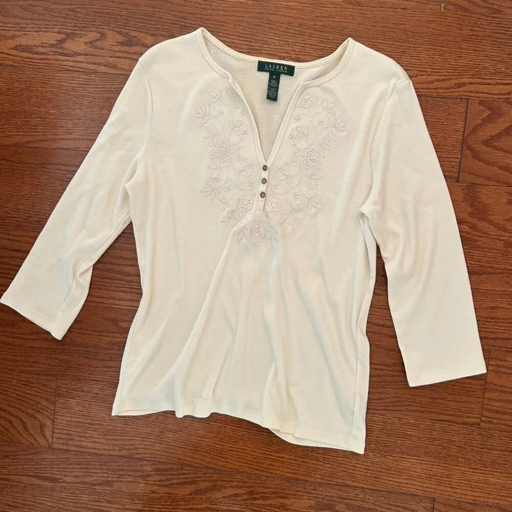 Lauren Ralph Lauren Embroidered V Neck Quarter Sleeve Tee Tunic Size Medium - Image 11