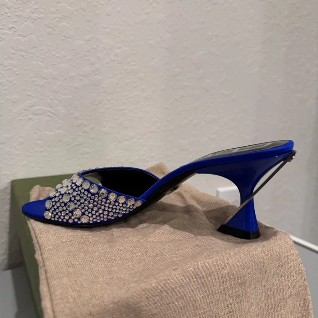 GUCCI Galactica Satin Crystal 65mm Slide Blue Sandals Size 37 NIB - Image 4