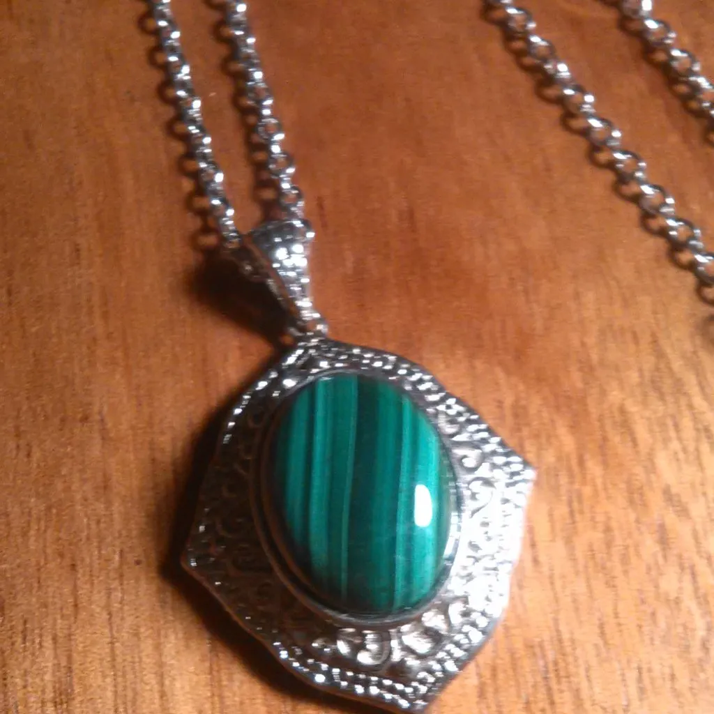 African Malachite Platinum Over Copper Pendant Stainless Steel Necklace - Image 3