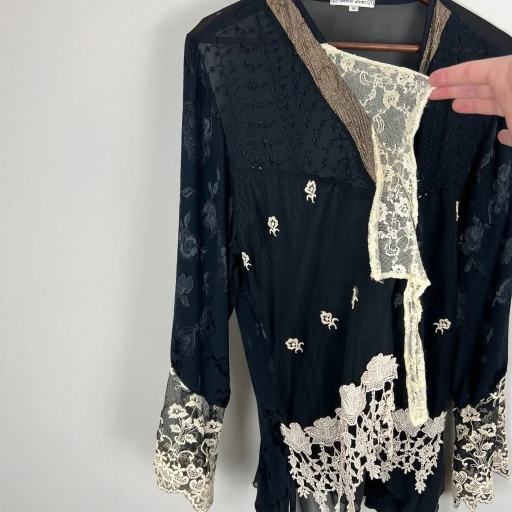 SPENCER ALEXIS Cardigan Womens 16 Black Long Bell‎ Sleeves Floral Lace Open Mesh - Image 7