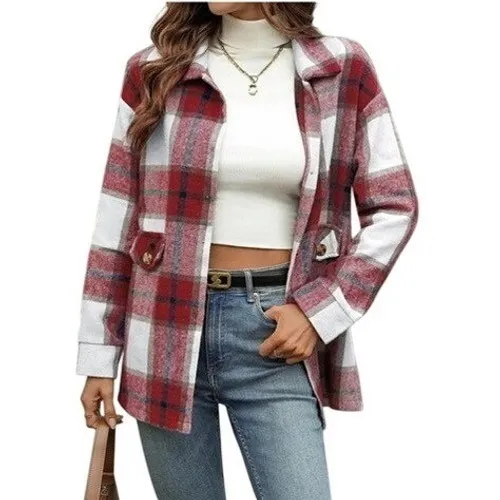 Cottagecore Collared Red Plaid Flannel BU Shirt Shacket LARGE Cabincore NWT - Image 6