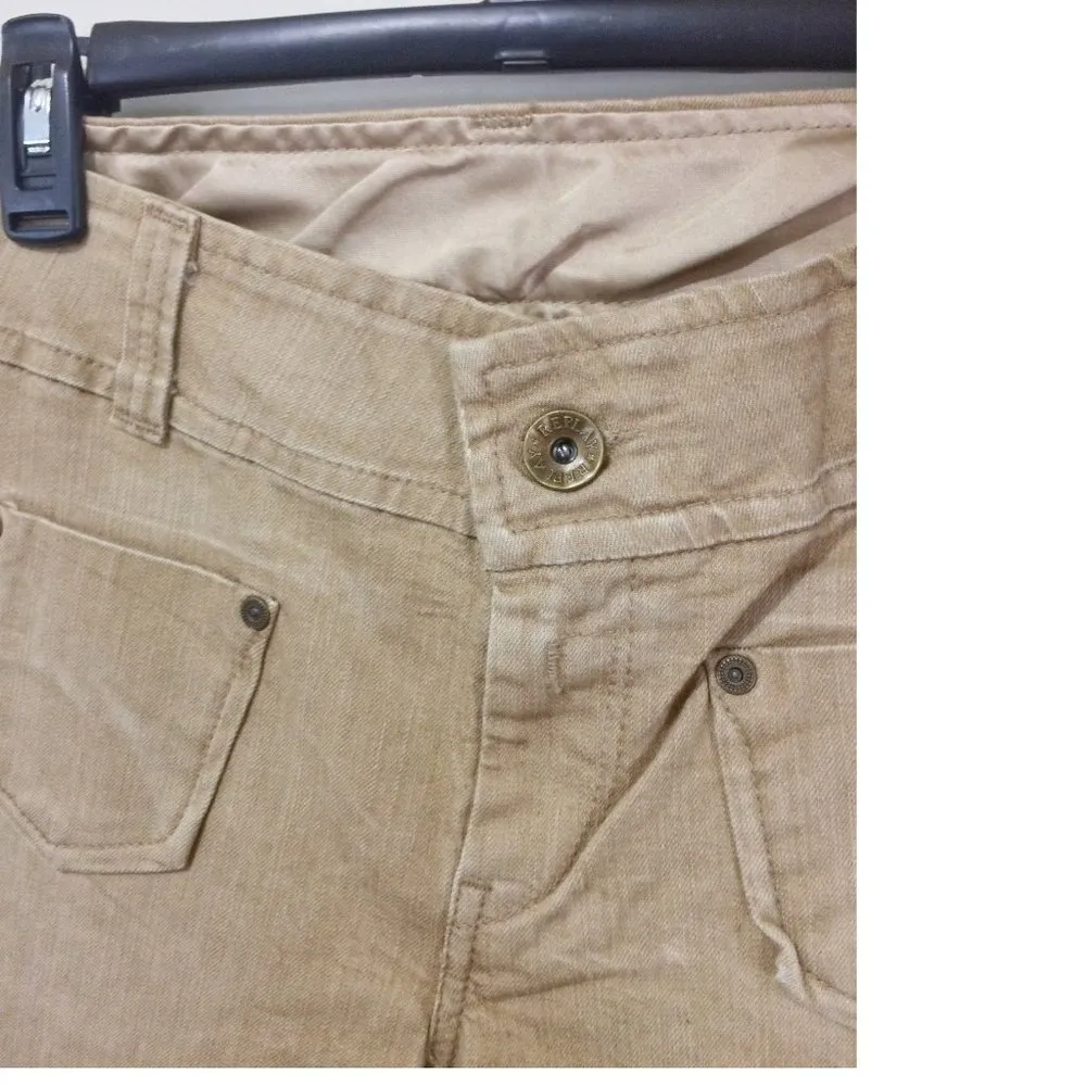 Replay women's size 28 mid rise stretch flare golden denim patch pocket jeans Tan - Image 3