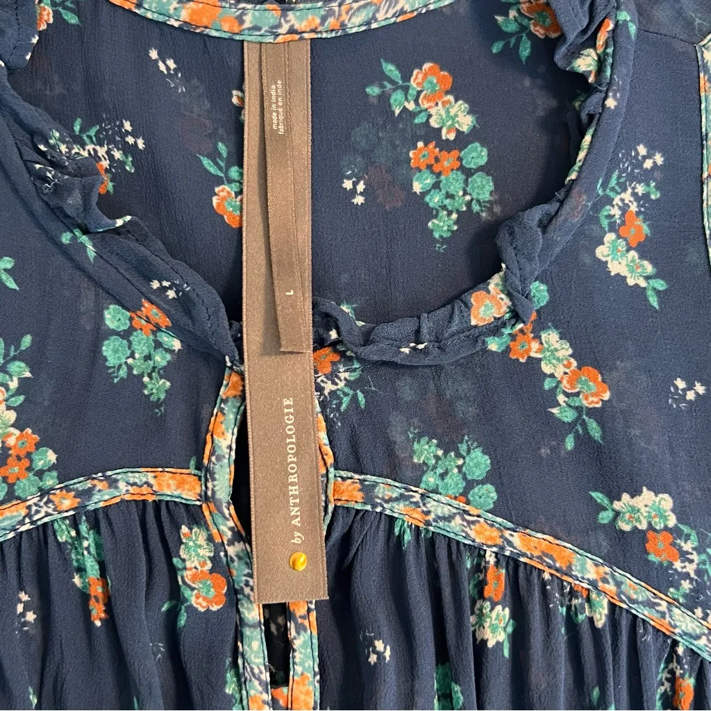 Anthropologie Womens Babydoll PeasantTop Size L Floral Boho Sheer Croppped Blue Size L - Image 10