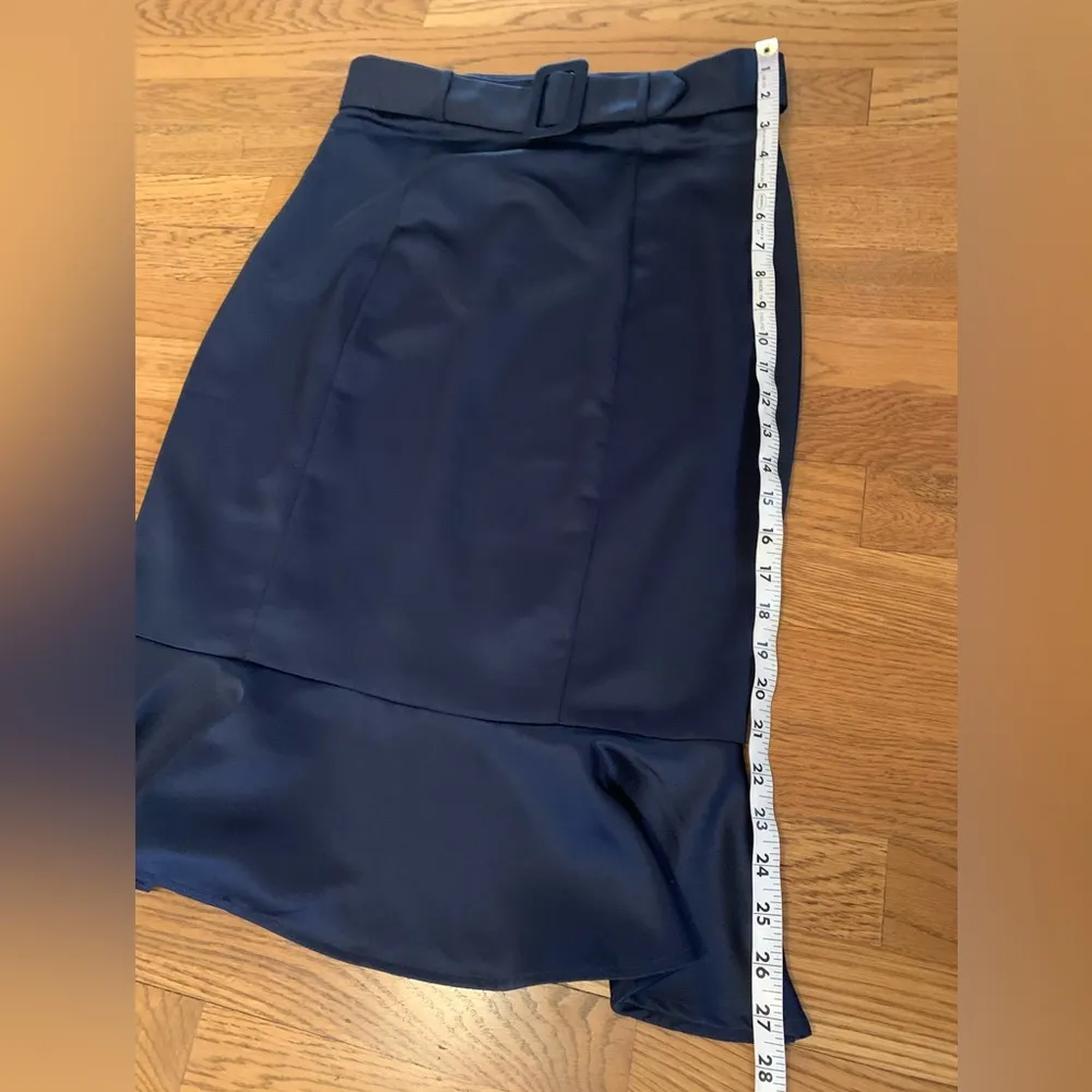 High waist belted Silky Satin ruffle hem midi skirt blue size M - Image 9