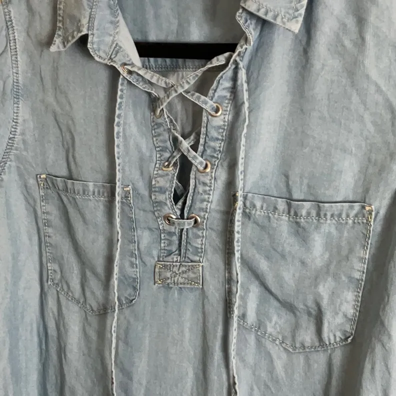 Paige Denim light blue, long-sleeved Lace-Up Shirt size small - Image 4