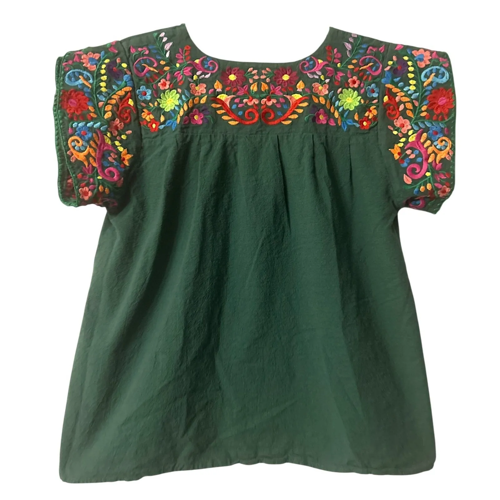 Mexican Embroidered Top S Green Puff Sleeve 100% Cotton Traditional Fiesta Artsy - Image 7