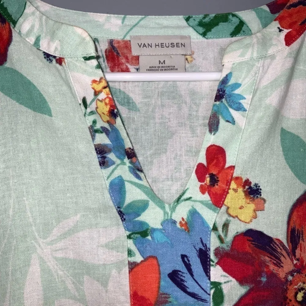 Van Heusen Mint Green & Orange Floral Linen Blend Split Neck Blouse M - Image 3