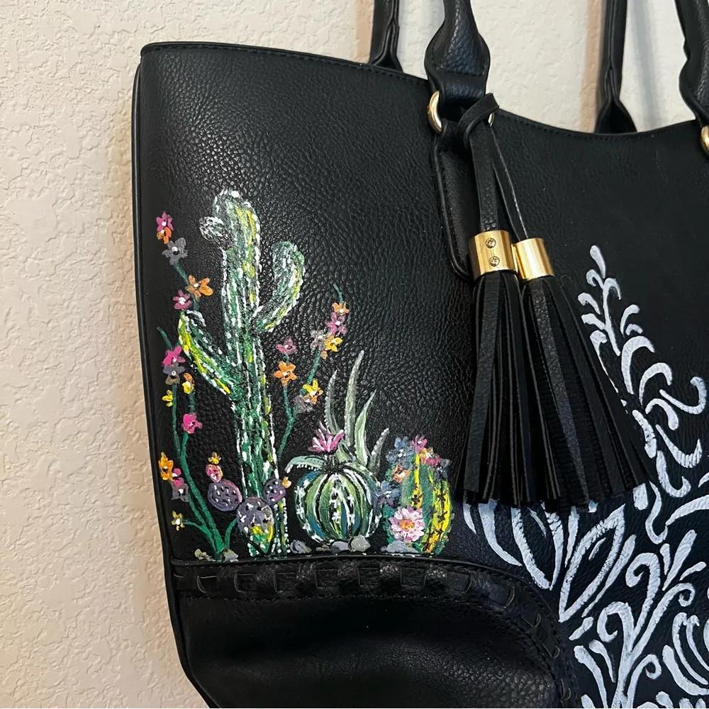 Custom Painted Cactus and Swirl Black Vegan Leather Shoulder Bag - Image 2