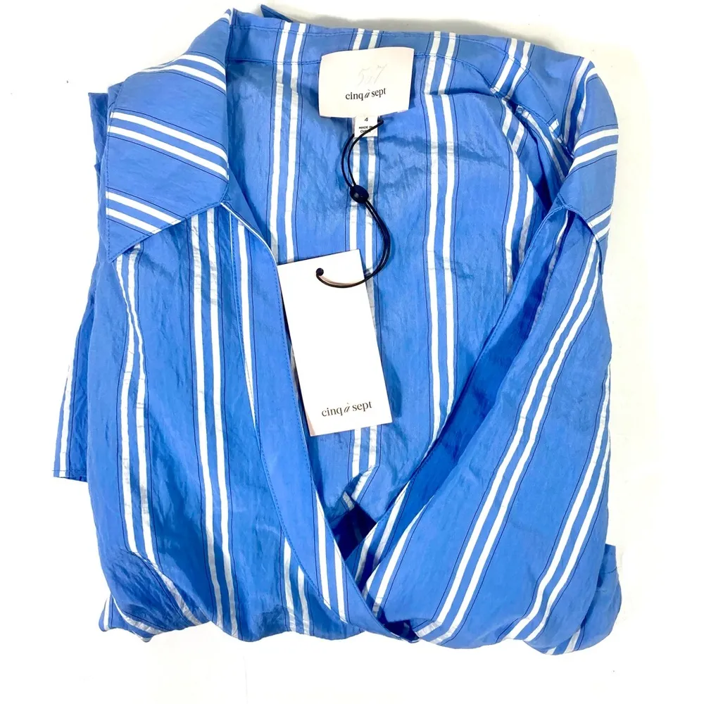 Cinq a Sept Lila Ruffle Stripe Wrap Mini Dress Oxford Blue Size 4 NWT - Image 8