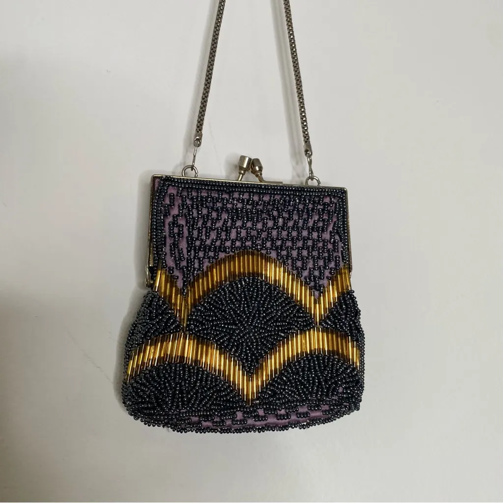 Vintage Hand Beaded Chain Handle Mini Bag Purple - Image 2