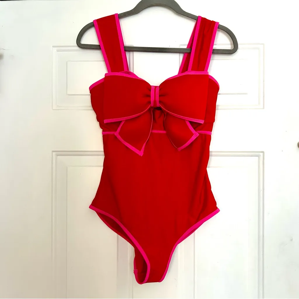 FLAXMAKER Bow Front Cut Out Color Block One Piece Swimsuit Red Pink - Image 2