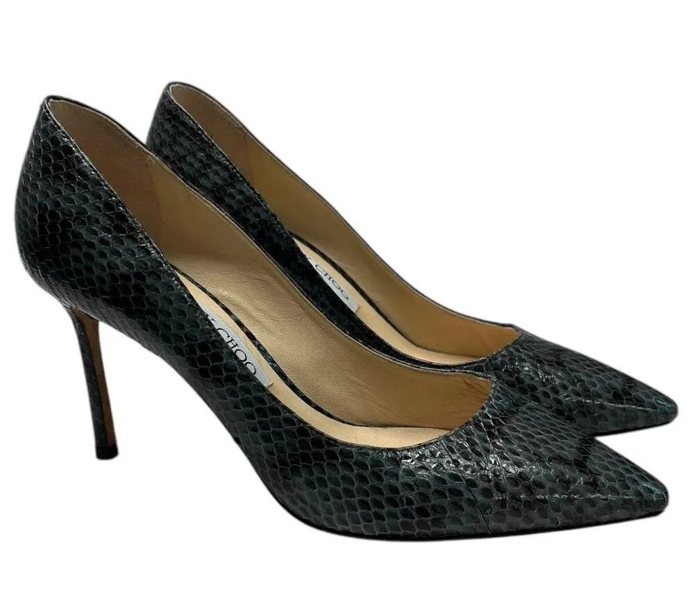 Jimmy Choo Heels Womens 37.5 7.5 US Green Black Snake Python Abel Pump Stiletto - Image 6