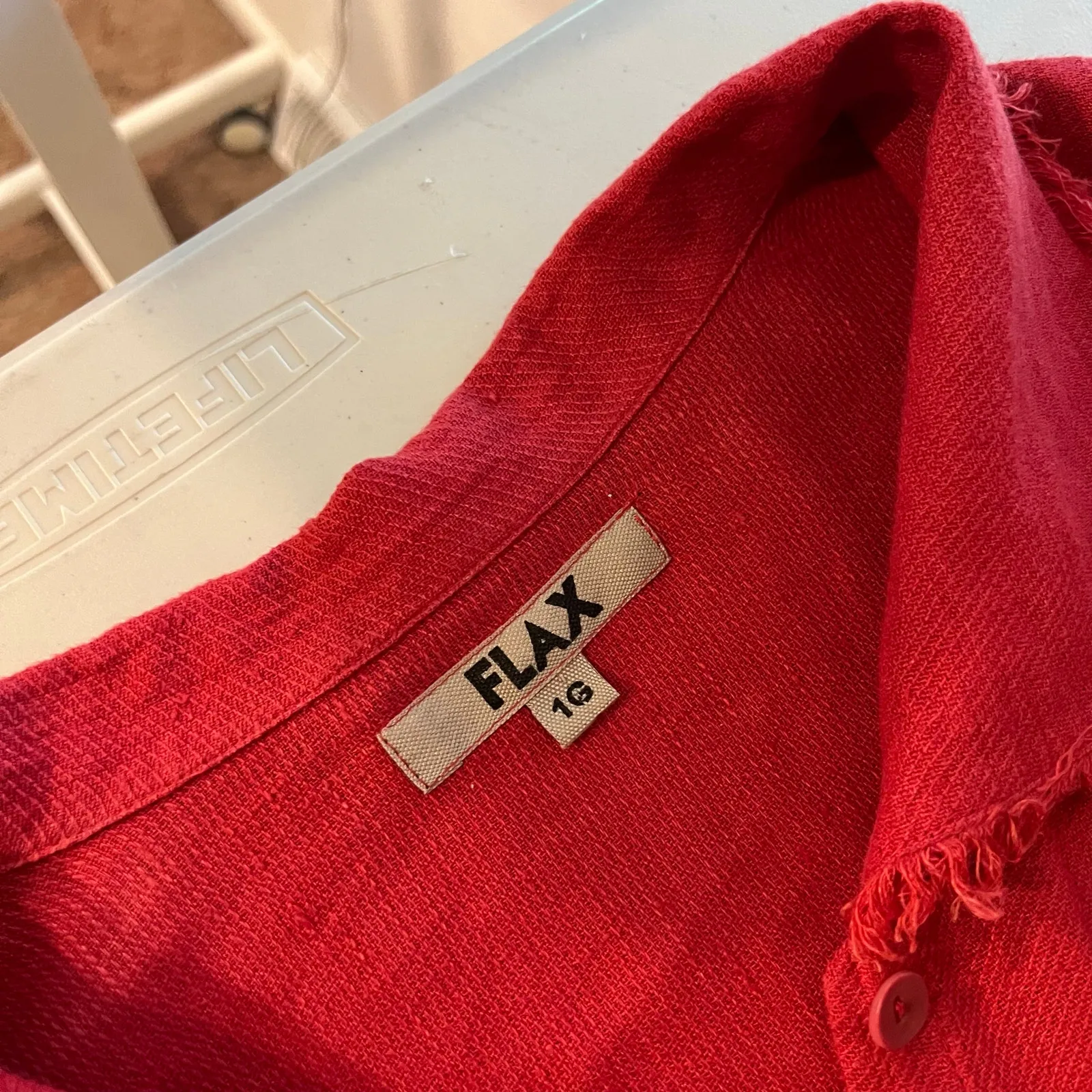 FLAX Red 100% Linen Textured Fringe Trim Oversized Button Front Jacket Size 1X - Image 7