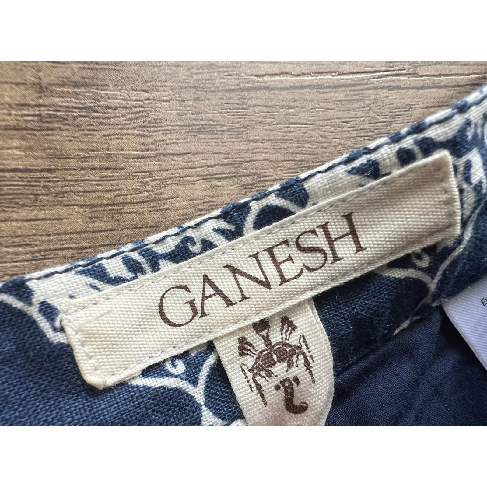 Ganesh 100% Linen Navy Blue Geometric Print Midi Skirt Natural Boho Pockets Size M - Image 3