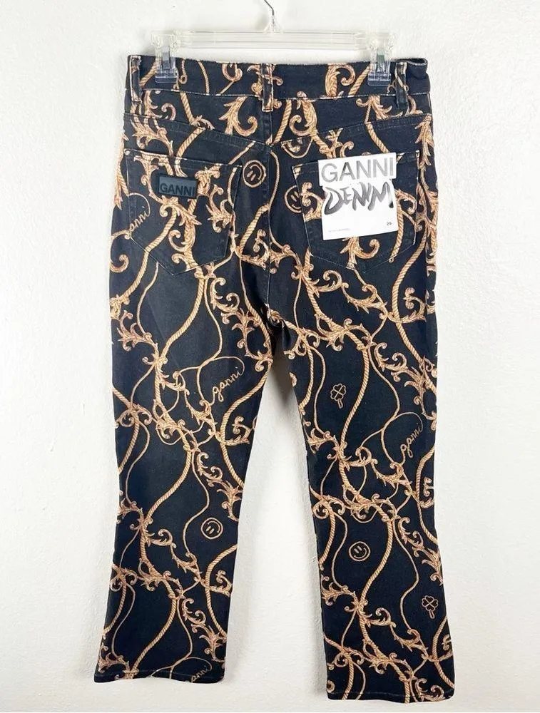 GANNI Denim Betsy Cropped Rope Printed High Waist Organic Cotton Jeans, Size 29 - Image 2