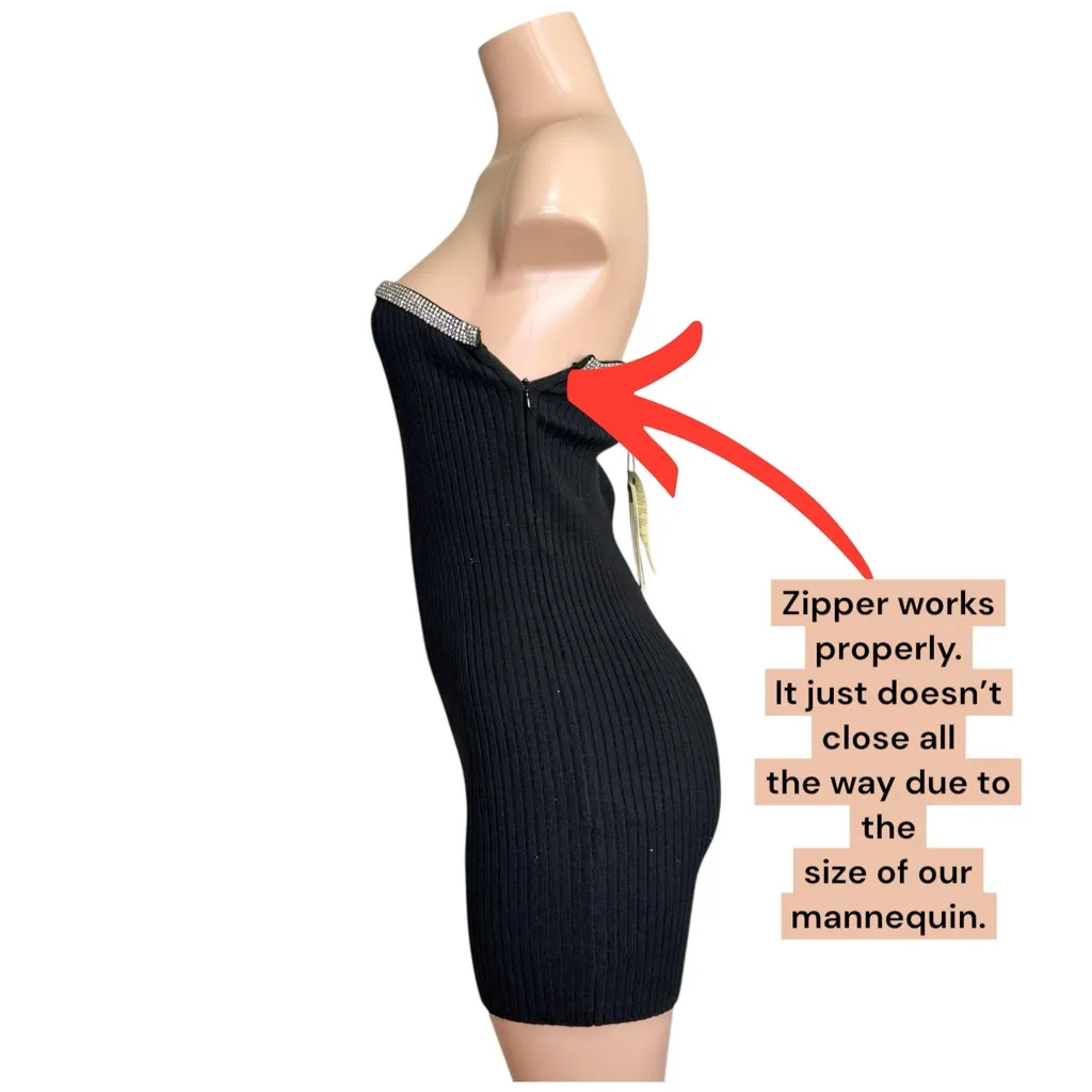 BA&SH Diana Strapless Crystal Embellished Ribbed Mini Bodycon Dress, Black, 0/XS - Image 8