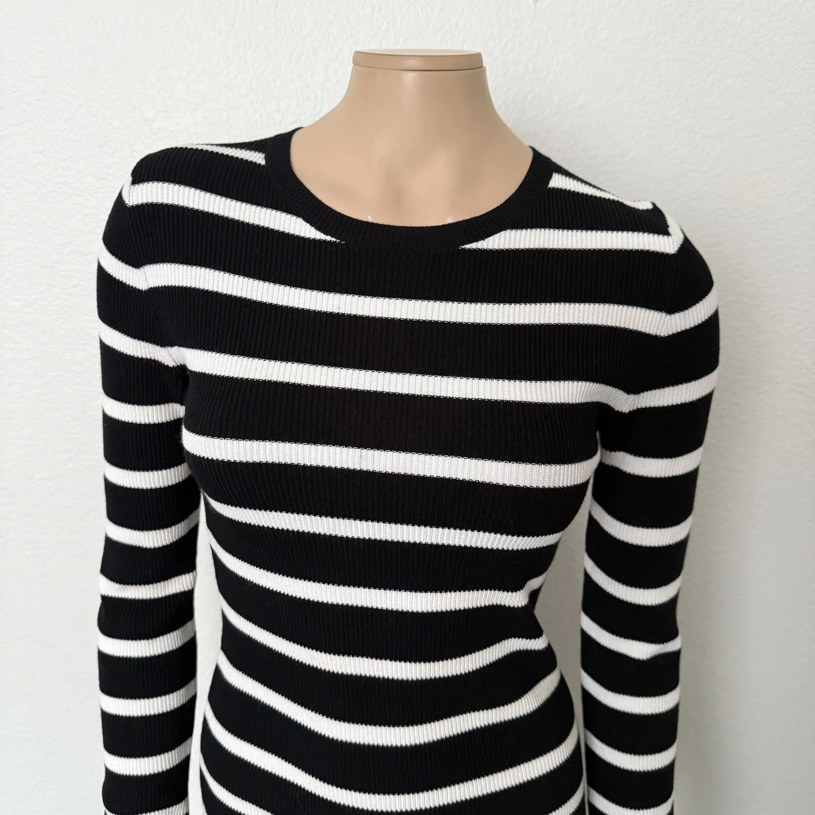 [Theory] Black White Striped Crew Neck Long Sleeve Knit Sweater Dress Sz Small S - Image 3