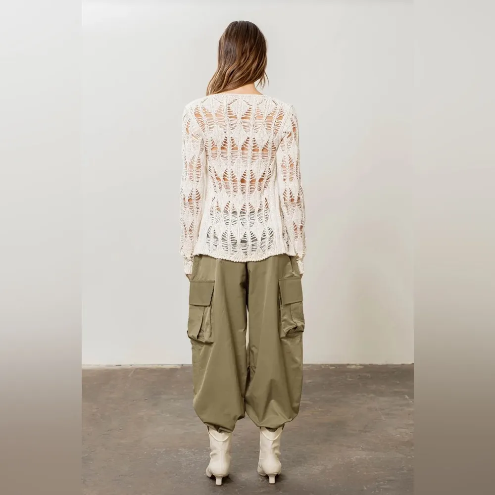 Moon River Open Front Tie Closure Long Sleeve Knit Cardigan in Cream One Size - Image 2