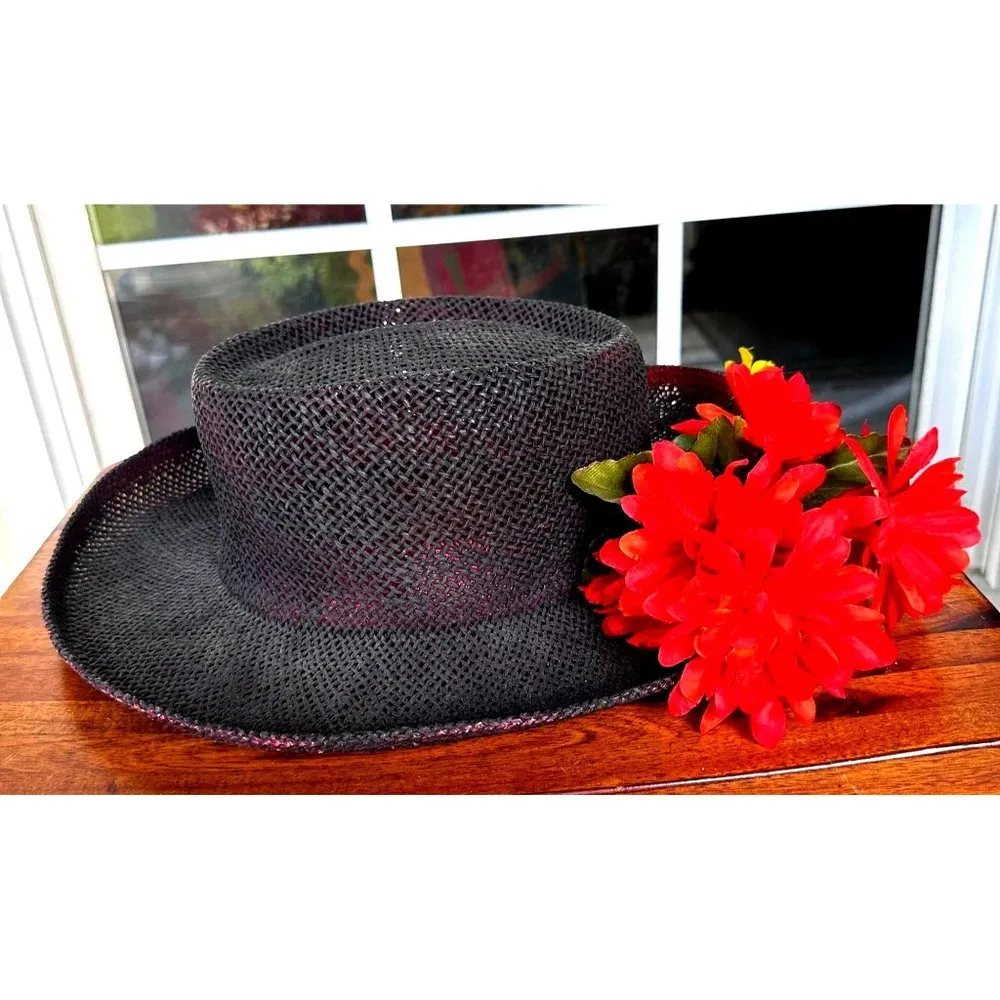 VTG The Scala Collection Black Straw Weave Hat Flower Embellishments Cru… - Image 7