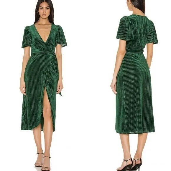 Privacy Please Rina Velvet Wrap Midi Dress Emerald Green Women’s Size XS - Image 2