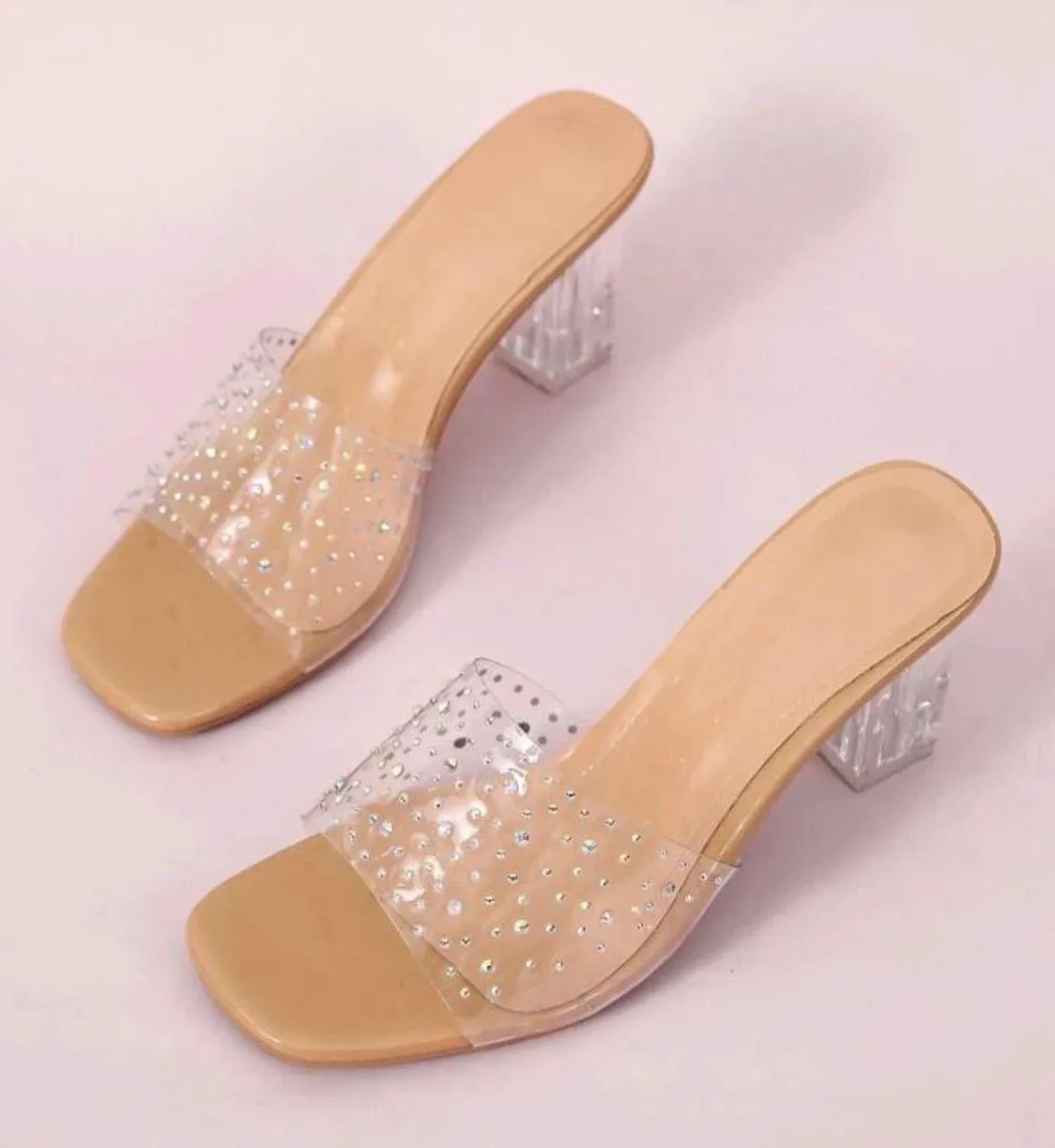 Beige Tan Neutral Rhinestone Block Heels Kitten Mules Size 6.5 - Image 2