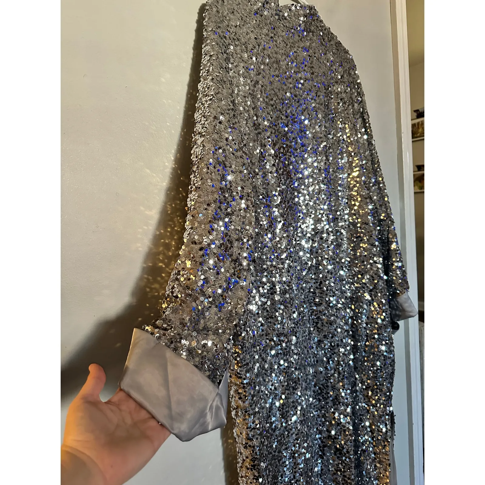 DRESSED IN LALA Silver Sequin Satin Lined Open Kimono Disco Fever Size S/M - Image 11