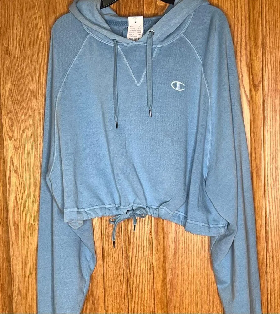 Champion Vintage Cinch Oversized Cropped Hoodie Sweatshirt Light Blue Size Large - Image 7