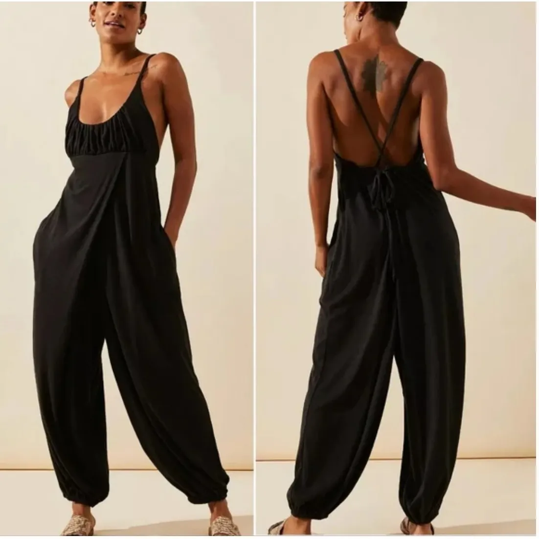 Free People Beach LG Mary Beth One Piece Black Wide Leg Jumpsuit Spaghetti Strap - Image 2
