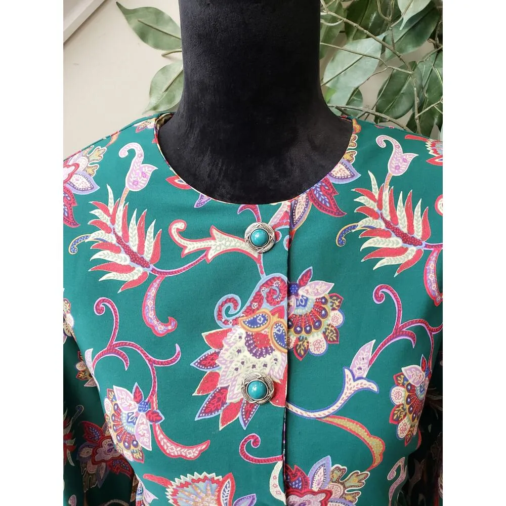 Vintage Kristy Michaels Knee Length Dress 12 Green Floral Button Front Zip back - Image 10