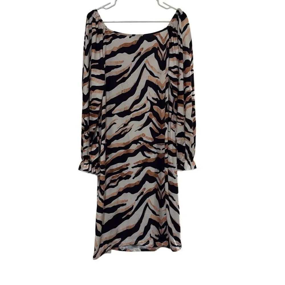 Shein Curve 4X Tan Black Tiger Print Puff Sleeve V Neck Sheath Dress - Image 2