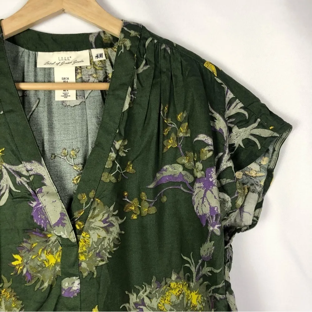 H&M LOGG Green Floral Popover Short Sleeve Blouse 4 - Image 3