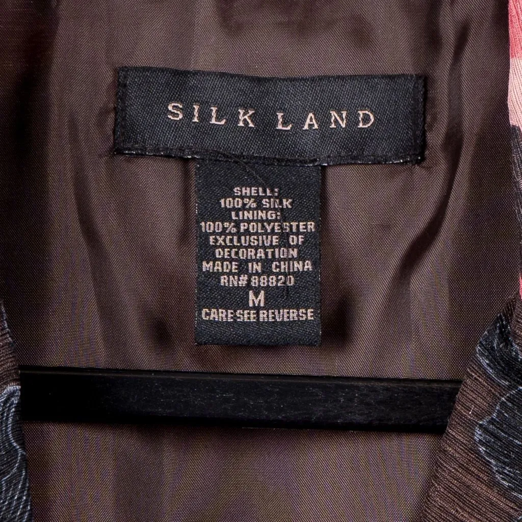 Silk Land Floral Coat M Women Brown Pink Long Old Money Classic Collar Buttons Size M - Image 5