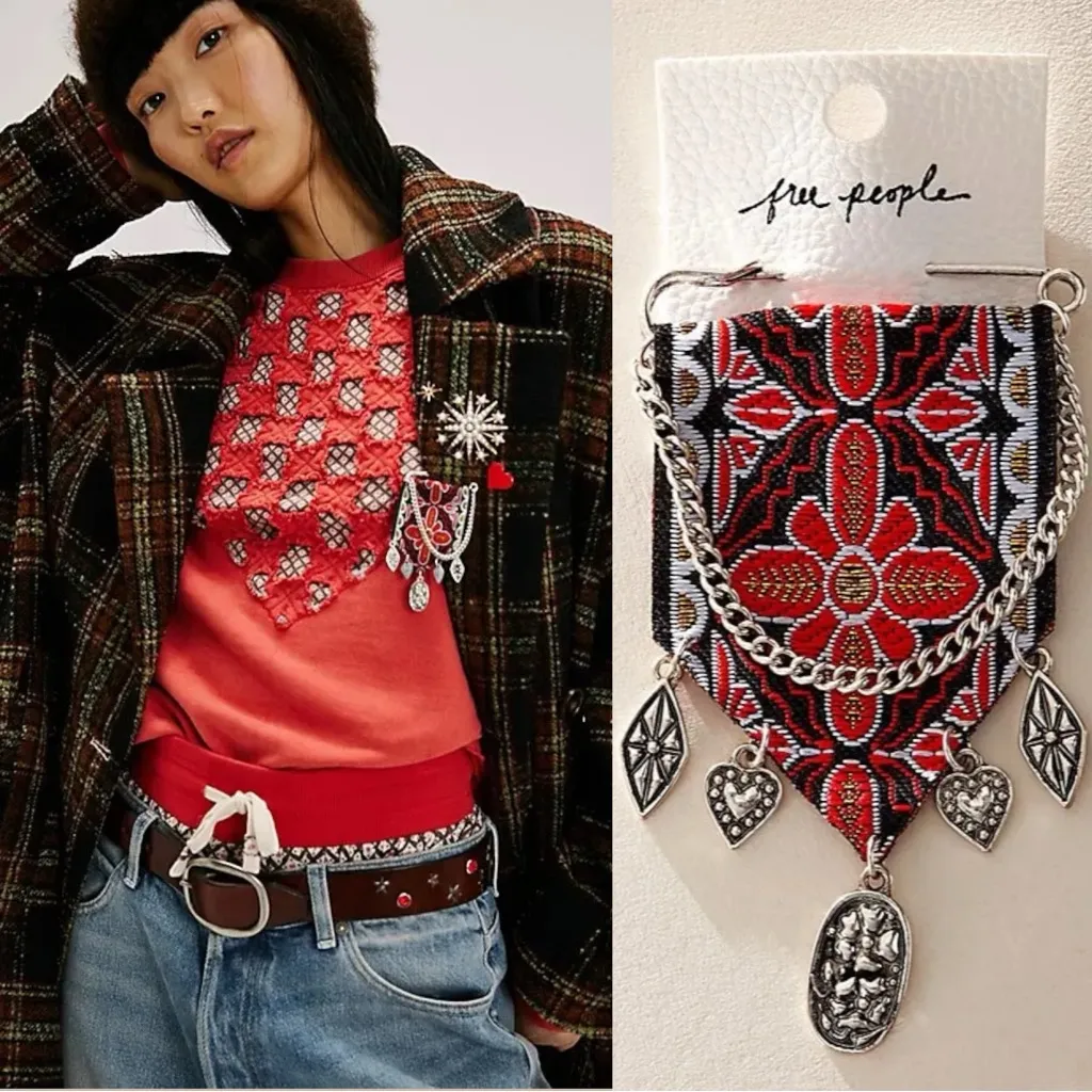 Free People Bohemian Charm Heart Heirloom Brooch in Silver Oxblood NWT - Image 2