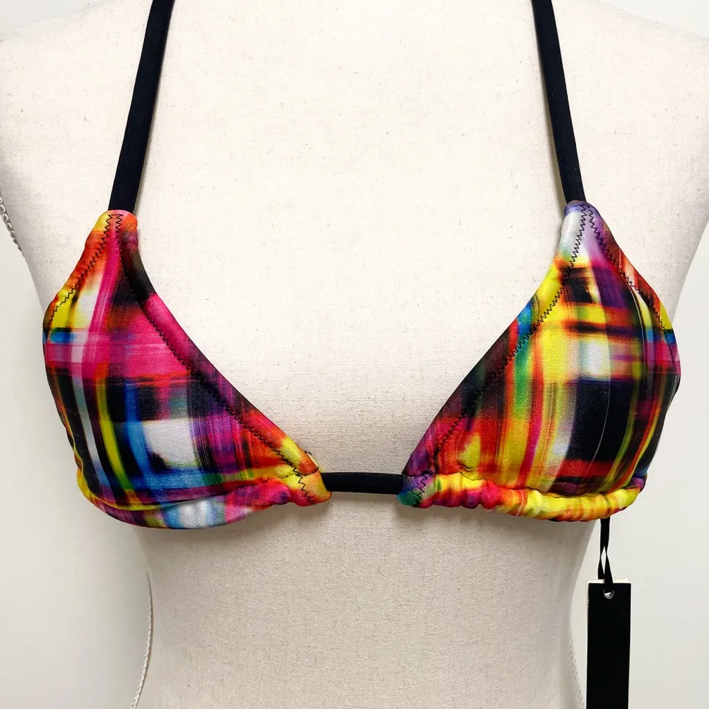 Ola Vida Blurred Geometric Plaid Sliding Triangle Halter Bikini Top NWT Small Black - Image 2