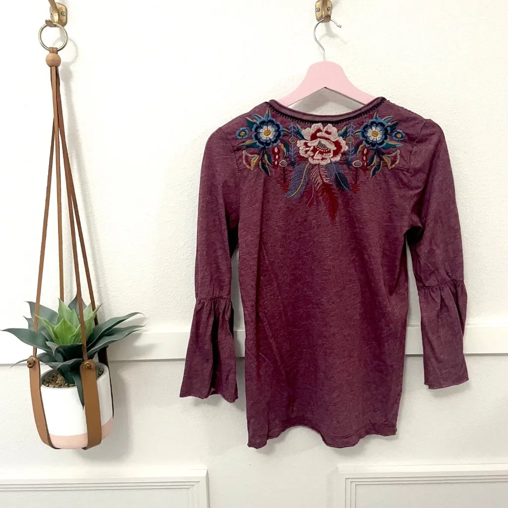 Johnny Was Darielle Flute Sleeve Tee Red Floral Embroidered Long Sleeve Top S - Image 7
