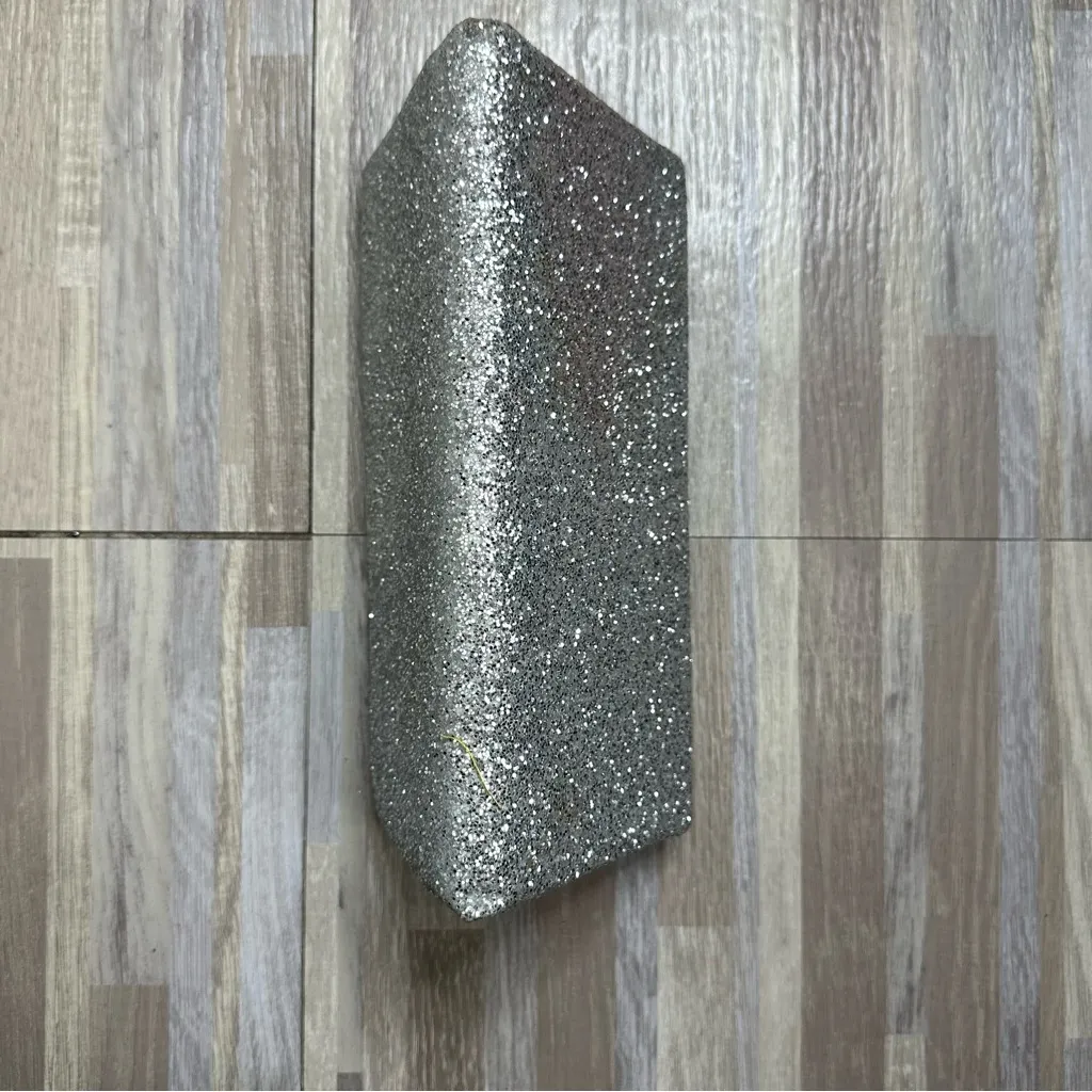 Silver Glitter Clutch Bag with Clasp and Chain - Image 9