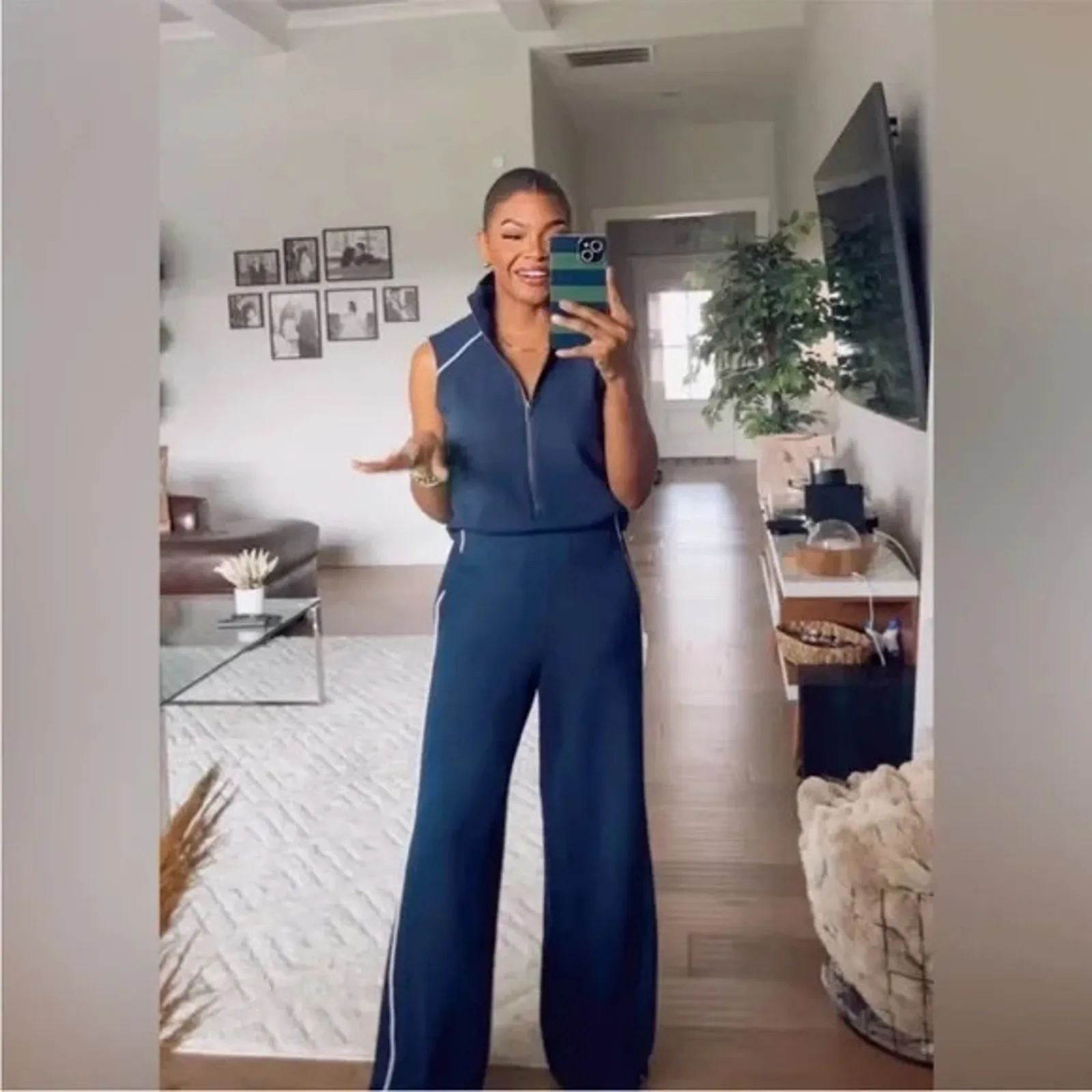 Spanx AirEssentials Pique Jumpsuit Womens 2X Navy Zip Mock Neck Wide Leg Cut Out - Image 8