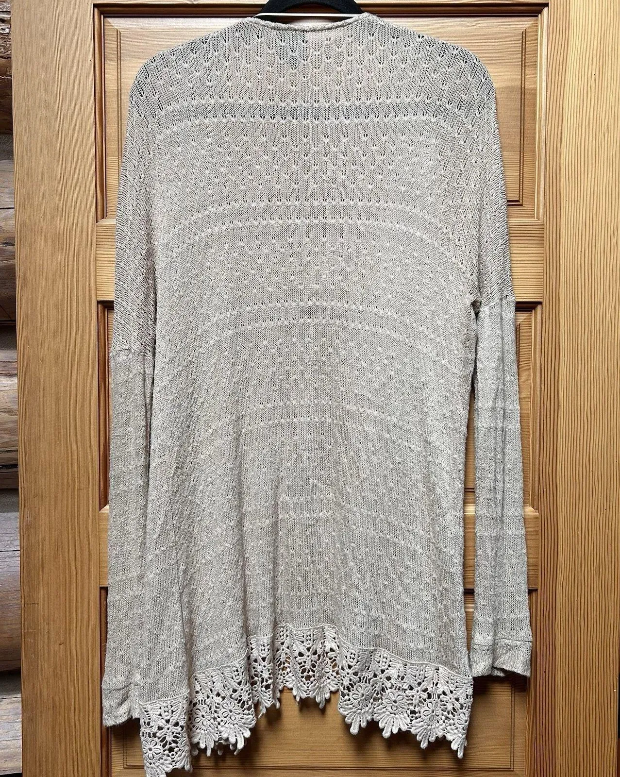 Womens Oatmeal Crochet Lace Open Cardigan Sweater Size Small Boho Hippie Cottage - Image 2