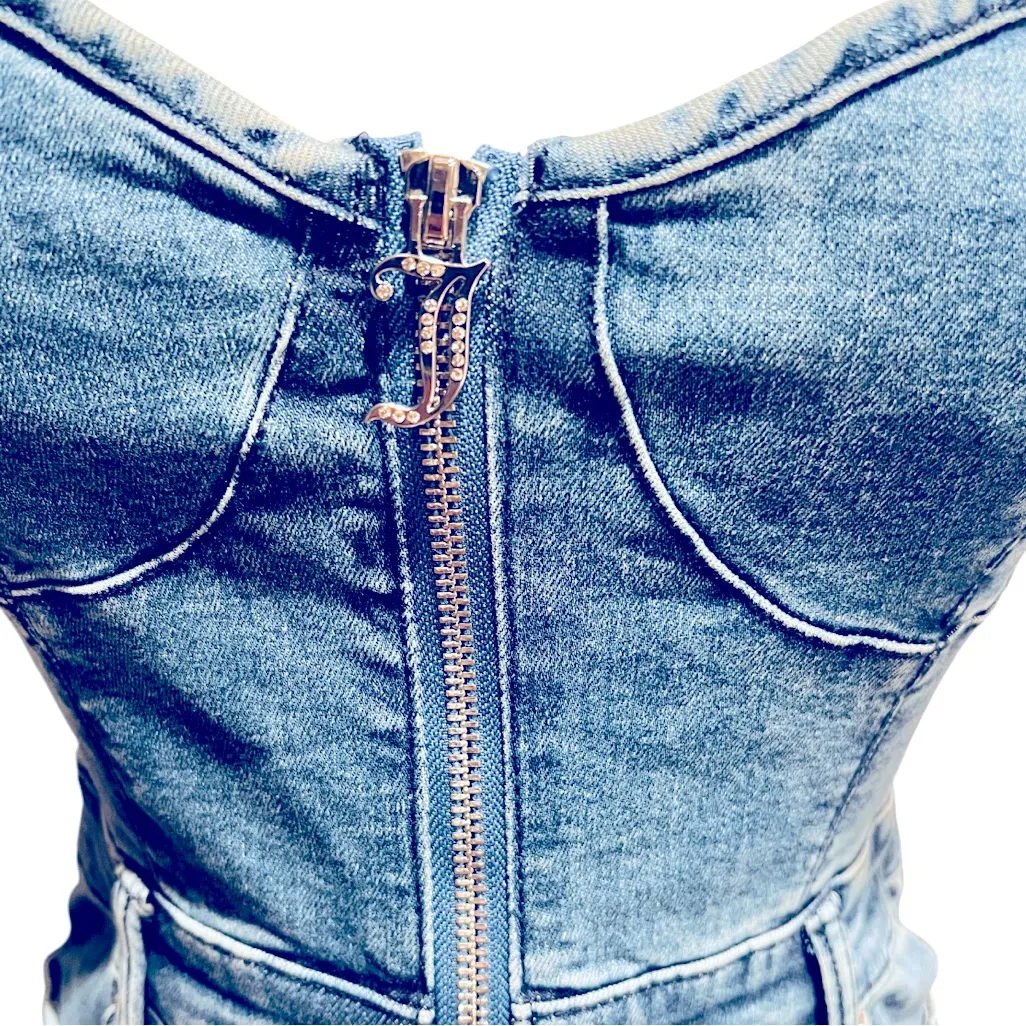 Juicy Couture Blue Denim Bodycon Sleeveless Mini Dress Size Medium NWT - Image 5