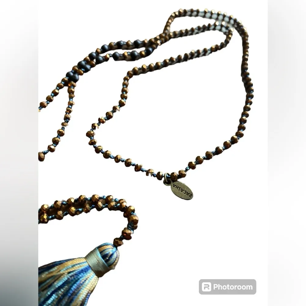 Zacasha gold crystal and black volcanic beads necklace with tassel - Image 2