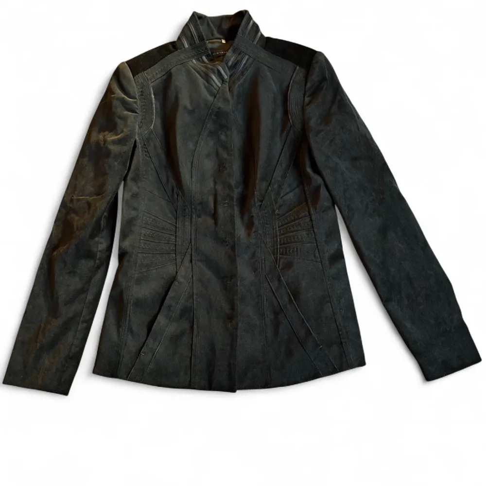 Elie Tahari Dark Green Velvet Jacket leather trim accents - Image 2